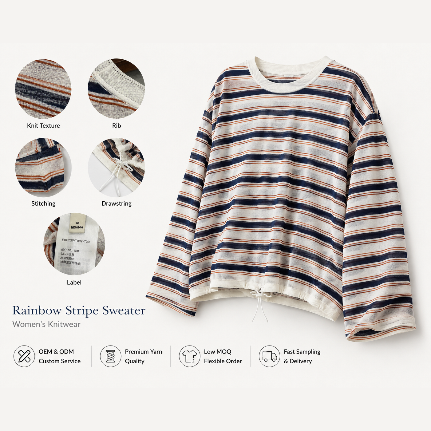 Rainbow stripe drawstring cotton linen knit top