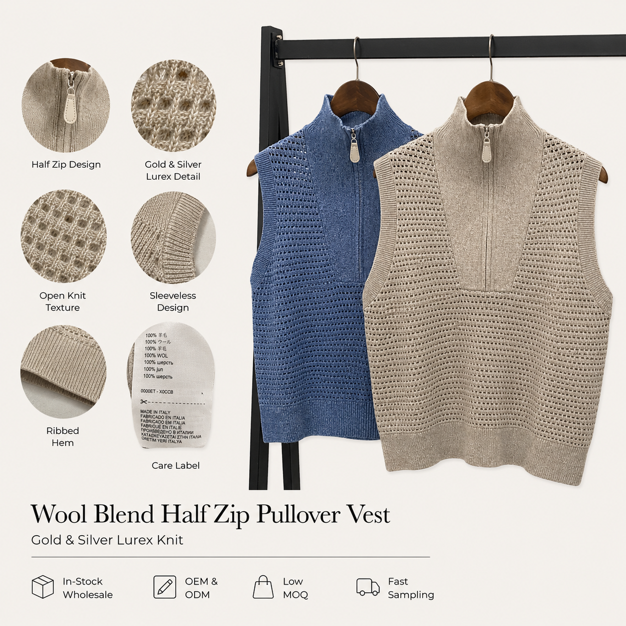 Wool blend half-zip pullover vest with lurex detail